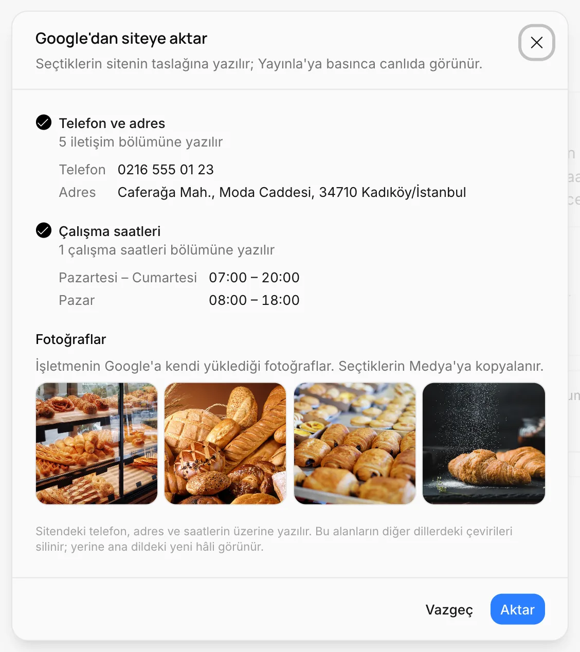 Google'dan siteye aktar: telefon ve adres, çalışma saatleri ve fotoğraflar