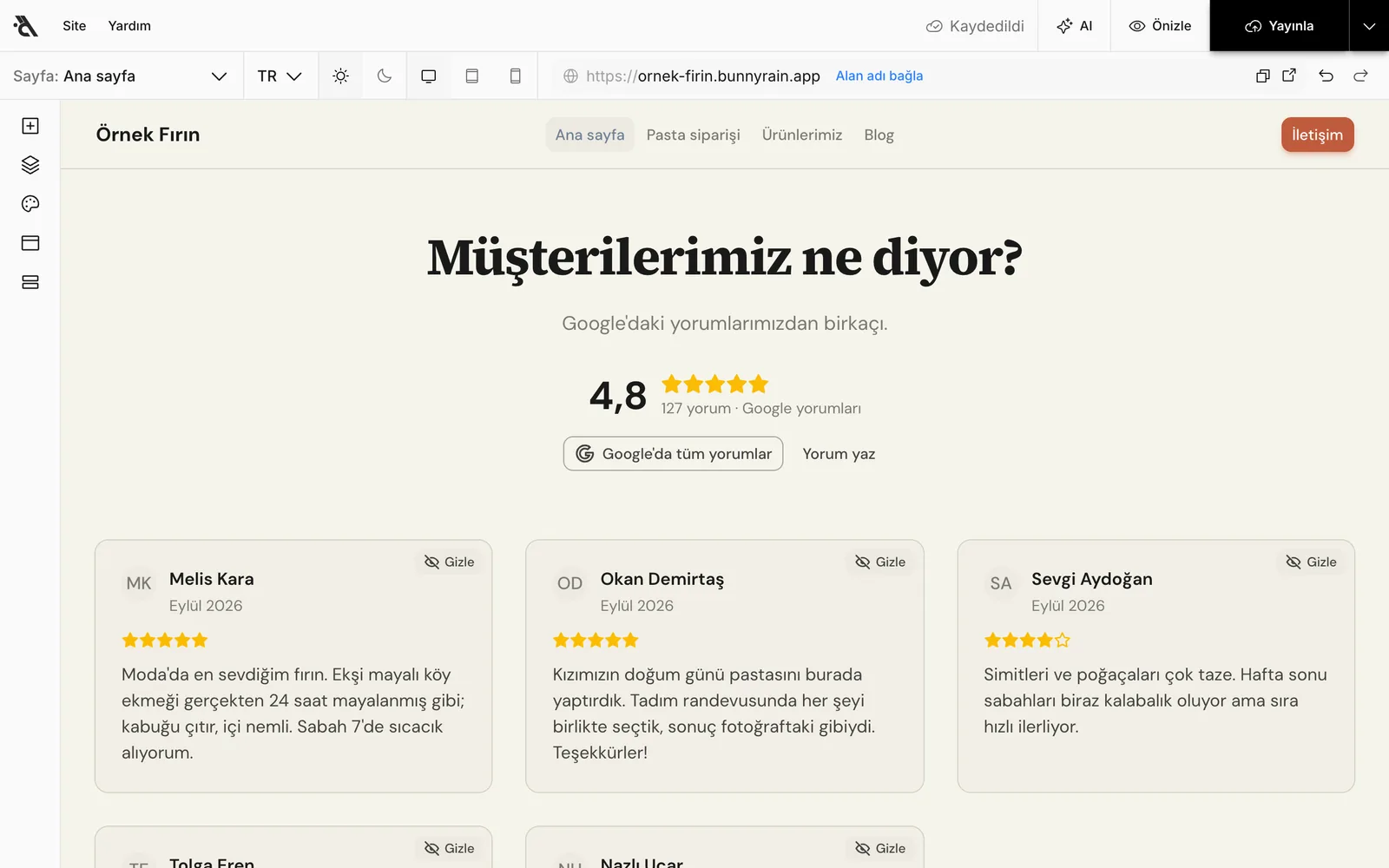 Editörde Google yorumları bölümü: puan ve yorum kartları