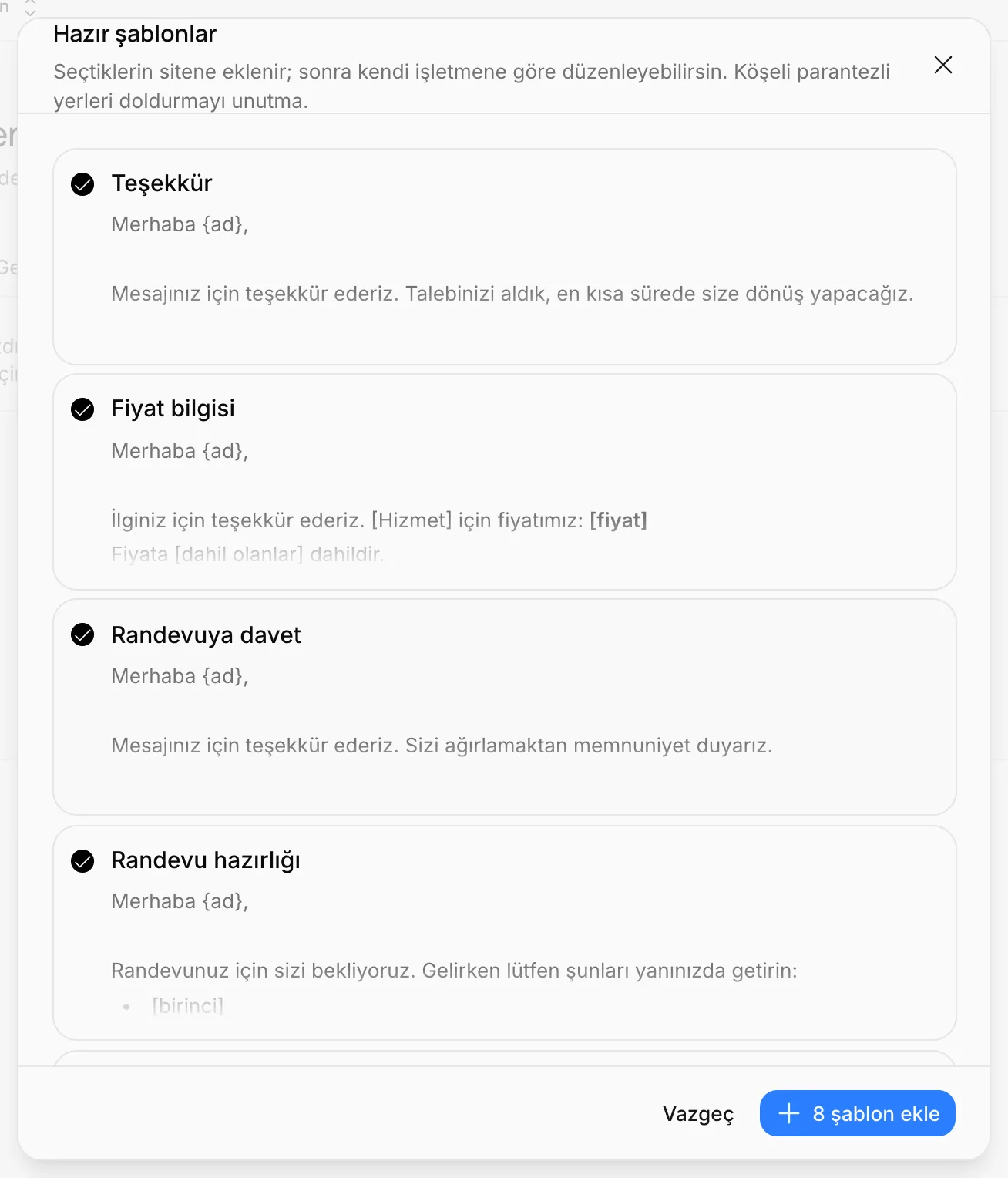 Hazır şablonlar penceresi