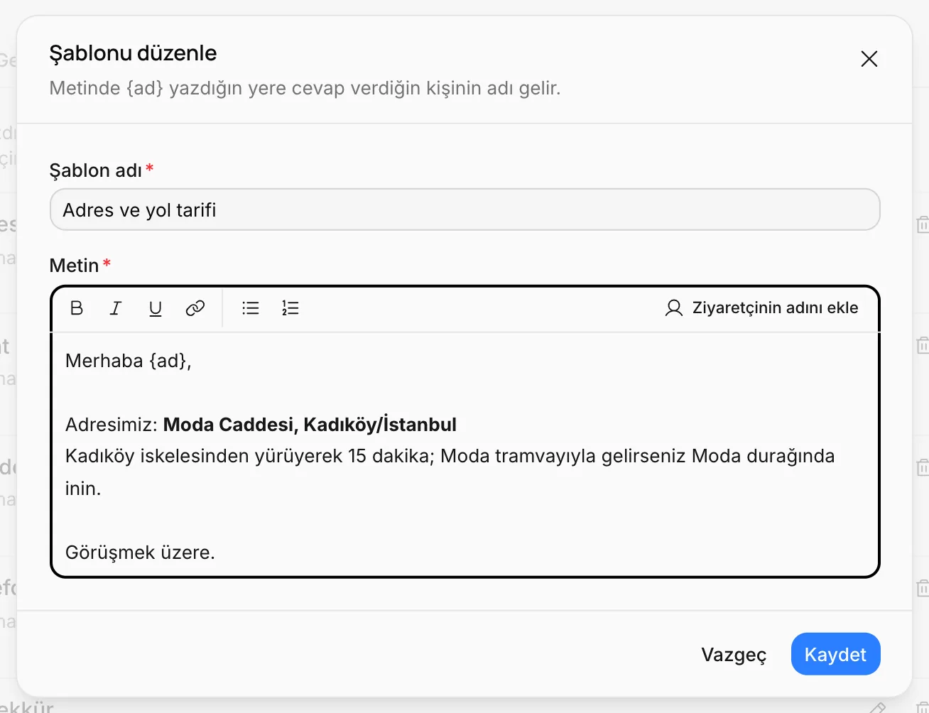 Şablonu düzenle: Adres ve yol tarifi