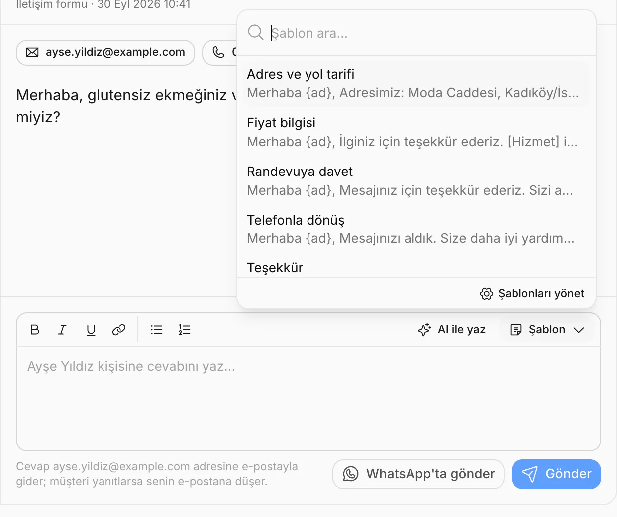 Cevap kutusunda Şablon menüsü