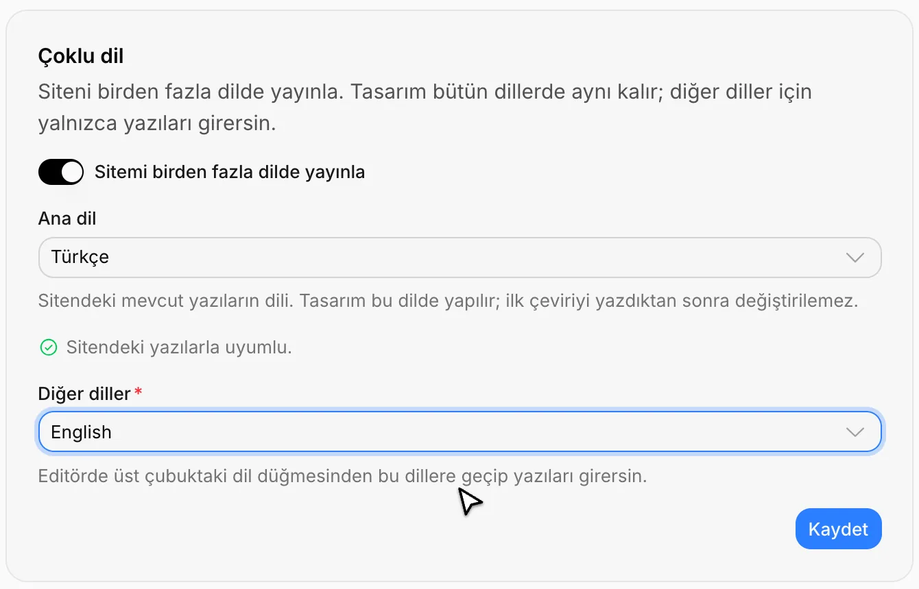 Çoklu dil kartı: ana dil Türkçe, diğer dil English