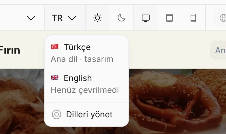 Editörde dil menüsü: Türkçe ana dil, English henüz çevrilmedi, Dilleri yönet