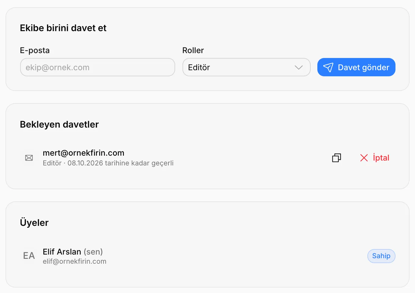 Üyeler sekmesi: davet formu, bekleyen davetler ve üyeler