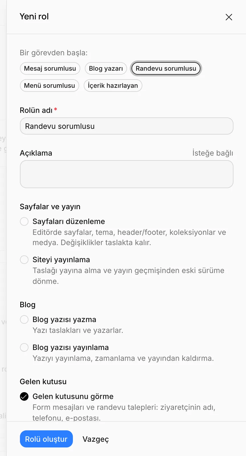 Yeni rol paneli: görev şablonları, rolün adı ve yetkiler