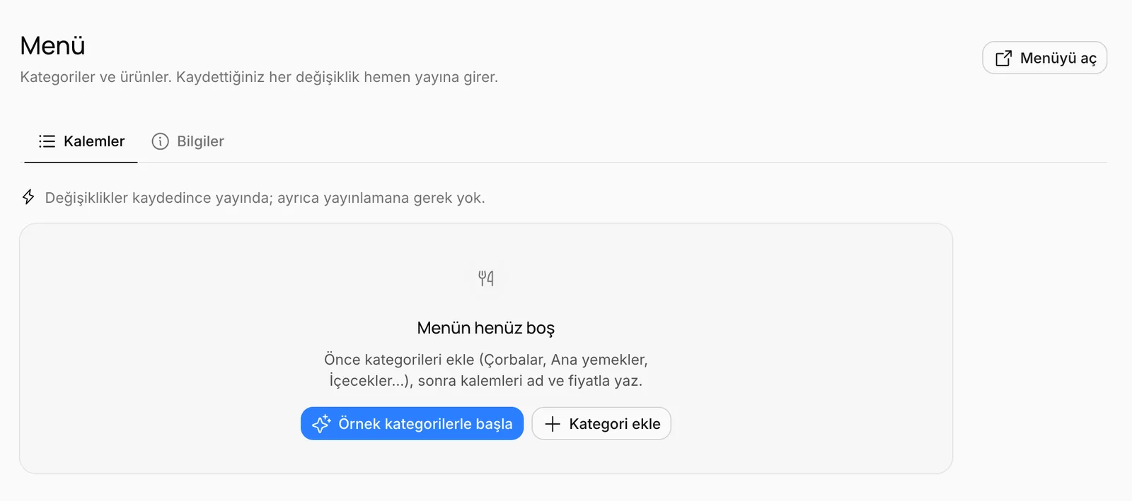 Boş menü: Örnek kategorilerle başla ve Kategori ekle