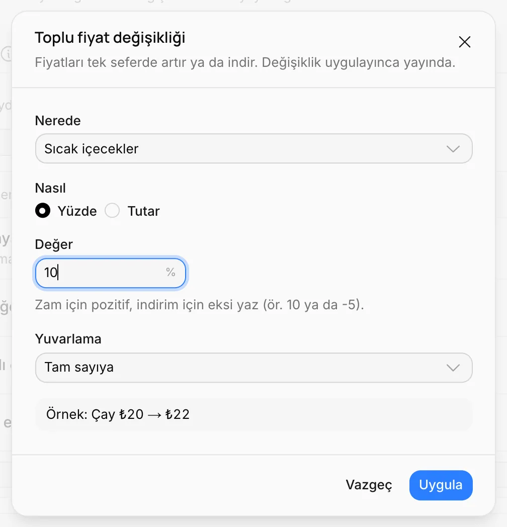 Toplu fiyat değişikliği penceresi