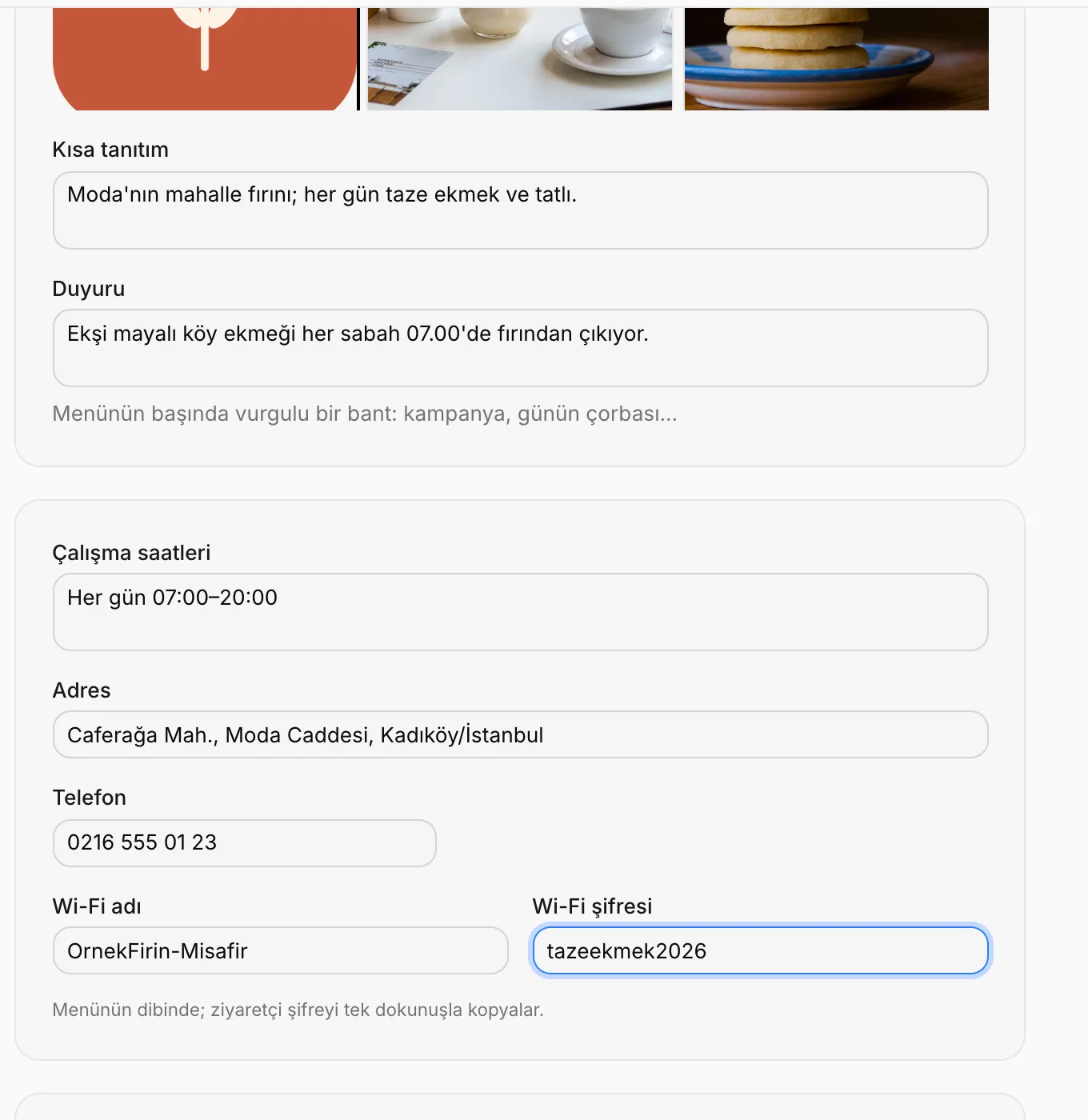 Bilgiler sekmesi: çalışma saatleri, adres, telefon ve Wi-Fi