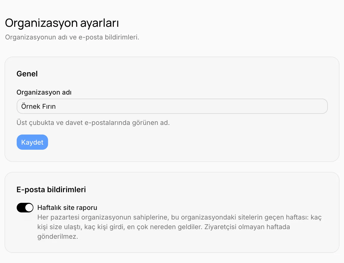 Organizasyon ayarları: Genel ve E-posta bildirimleri