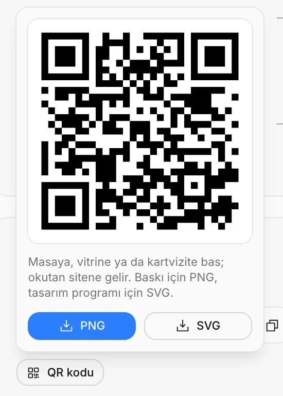 QR kodu: PNG ve SVG indirme düğmeleri