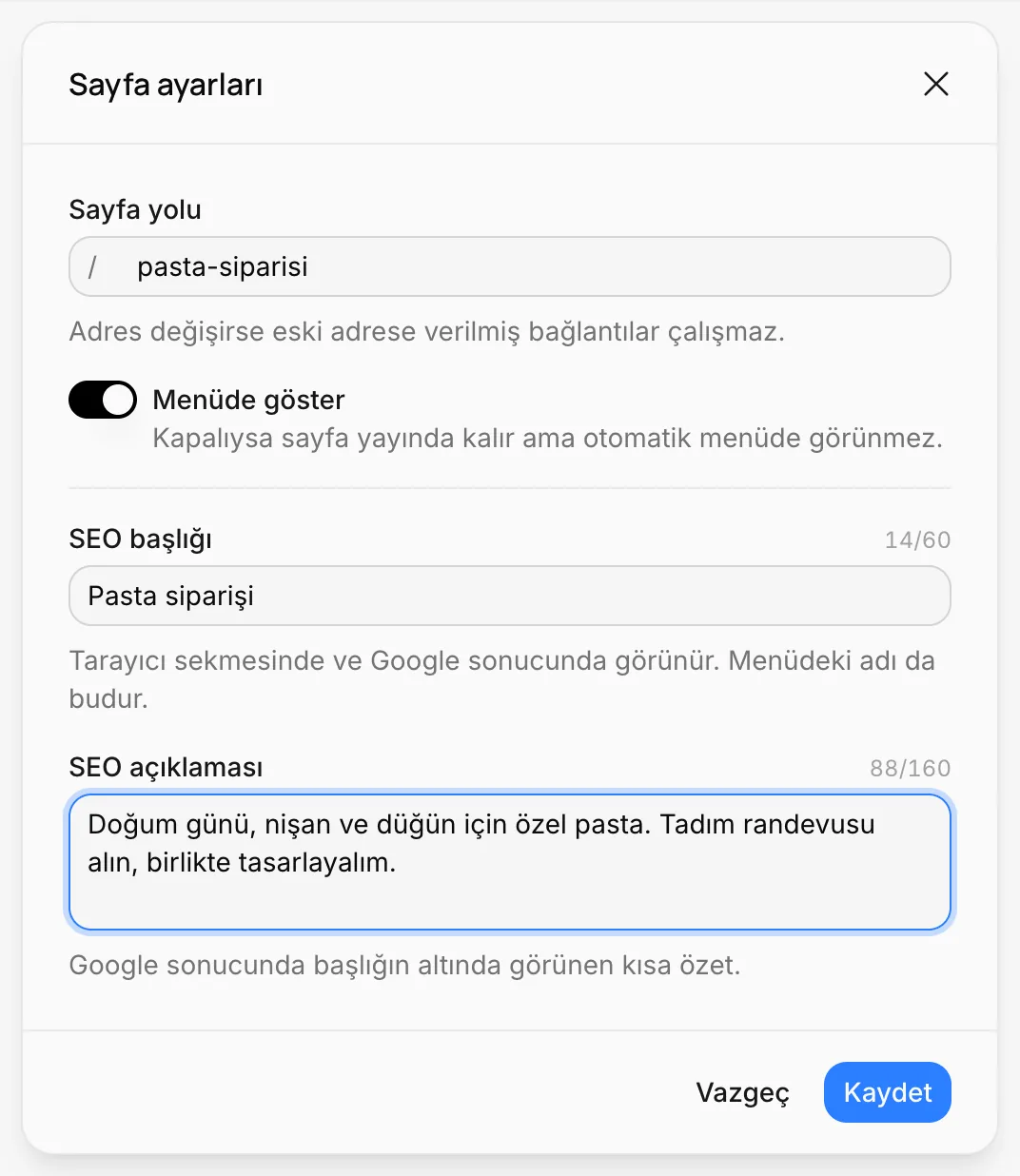 Sayfa ayarları: Sayfa yolu, Menüde göster, SEO başlığı ve SEO açıklaması