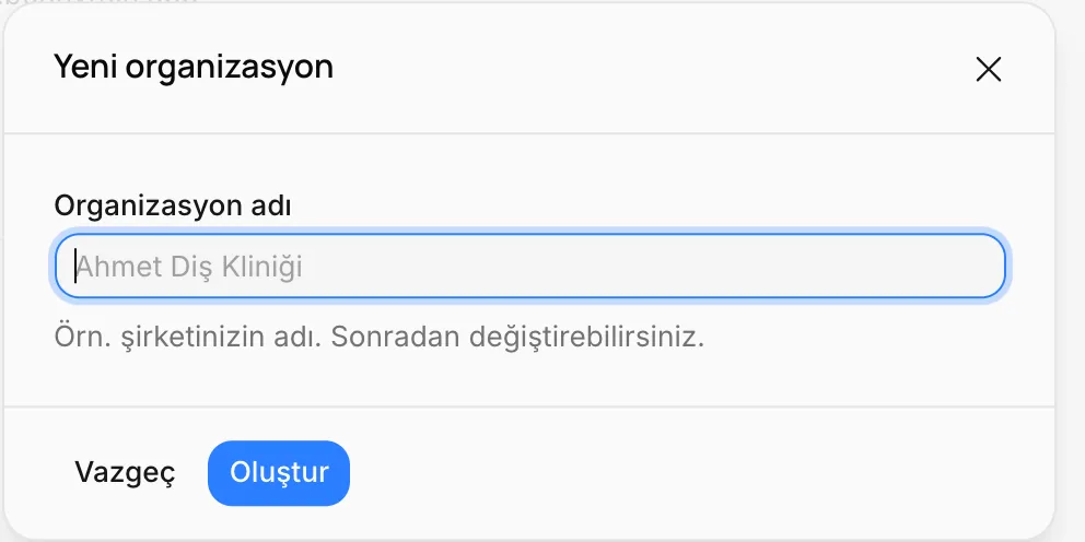 Yeni organizasyon penceresi