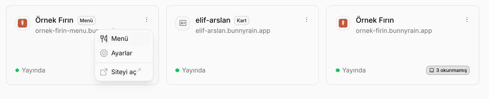 Bir menü sitesinin kartındaki üç nokta menüsü