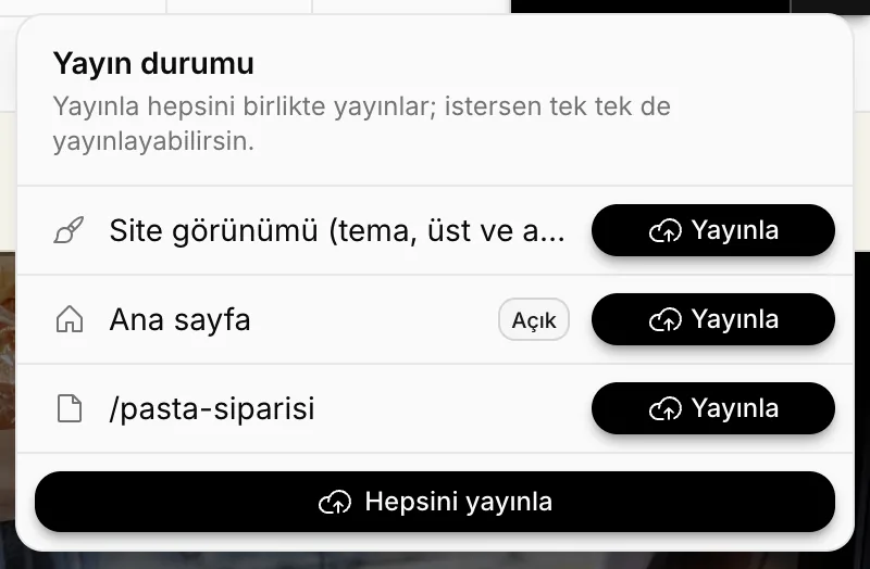 Yayın durumu menüsü: Site görünümü, Ana sayfa, /pasta-siparisi ve Hepsini yayınla