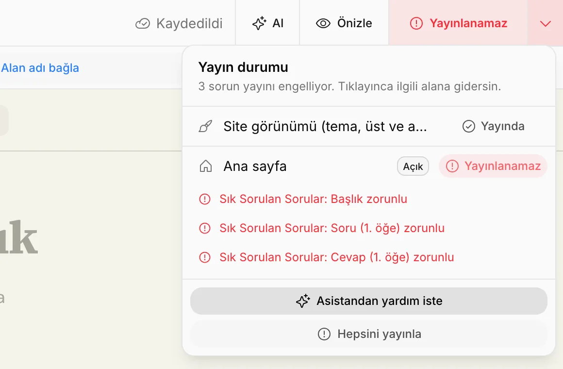 Yayınlanamaz: menüde ana sayfadaki üç sorun ve Asistandan yardım iste düğmesi