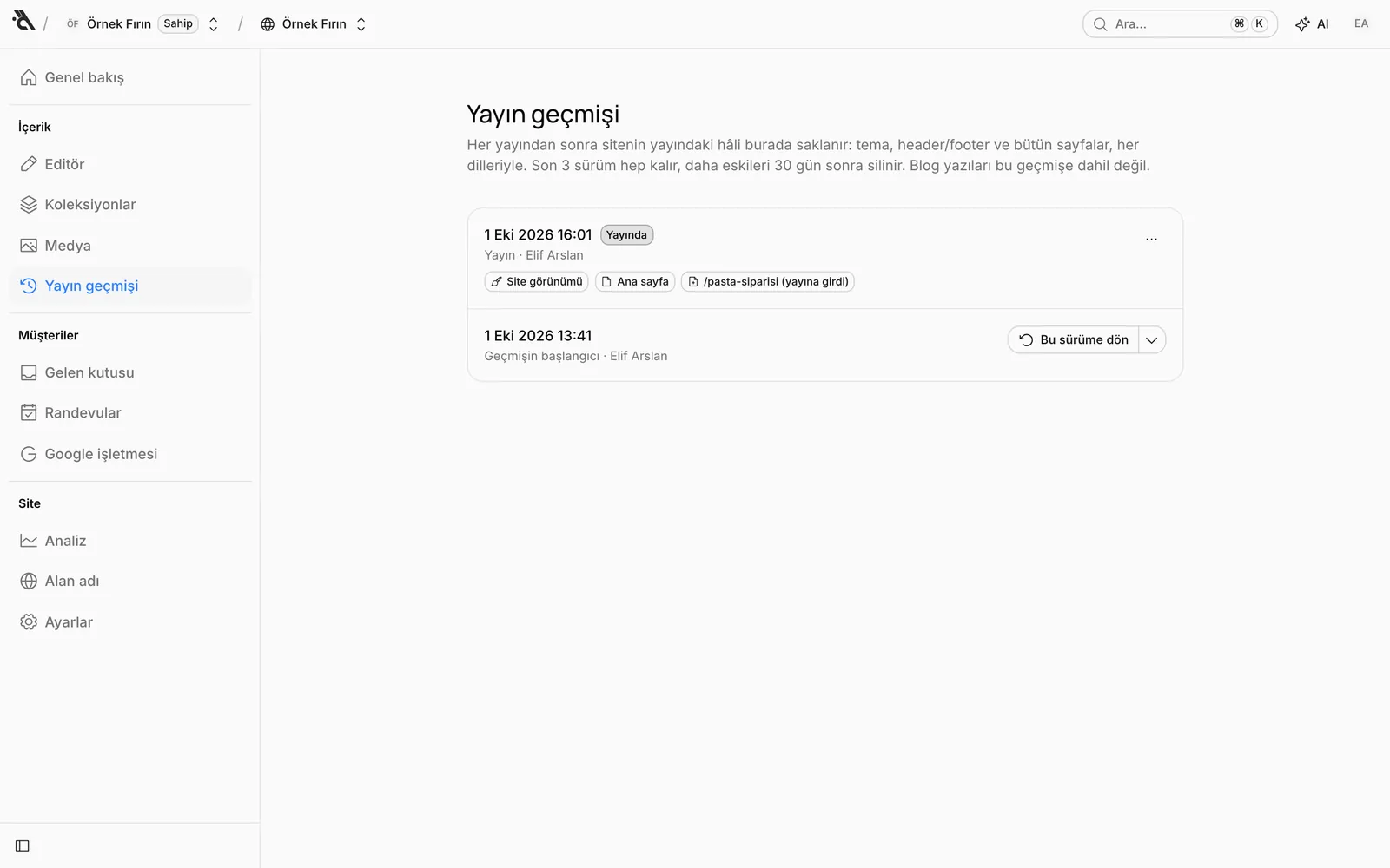 Yayın geçmişi: iki sürüm, en üstteki Yayında