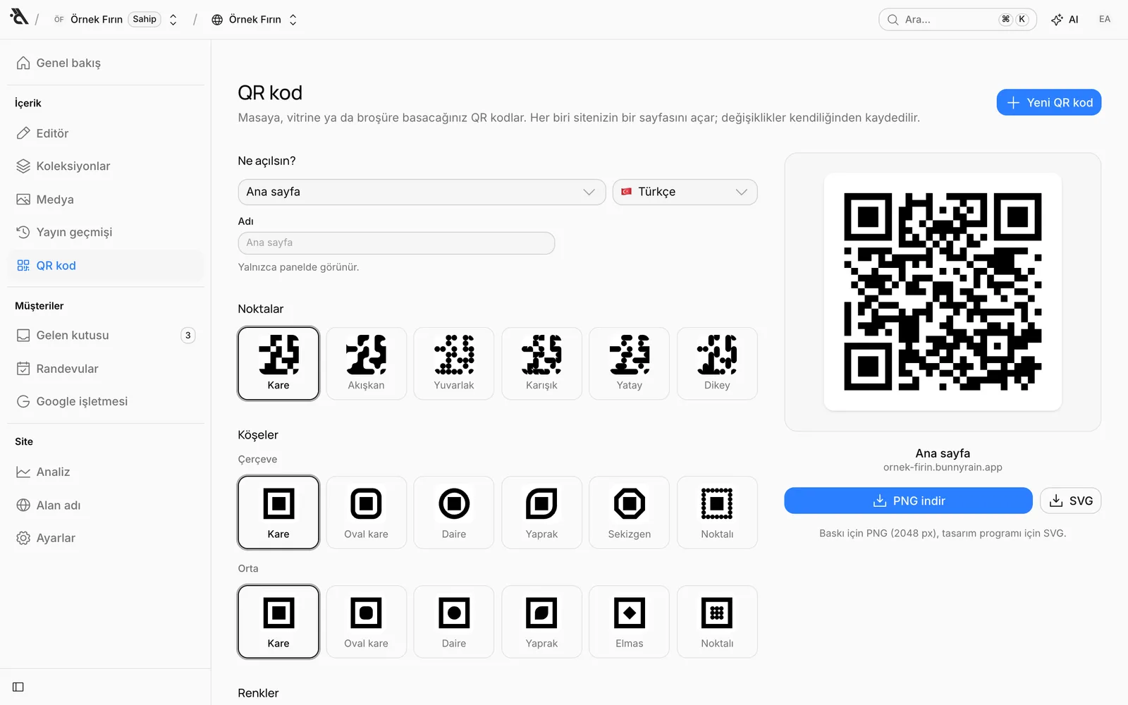 QR kod ekranı: solda ayarlar, sağda kod ve indirme düğmeleri