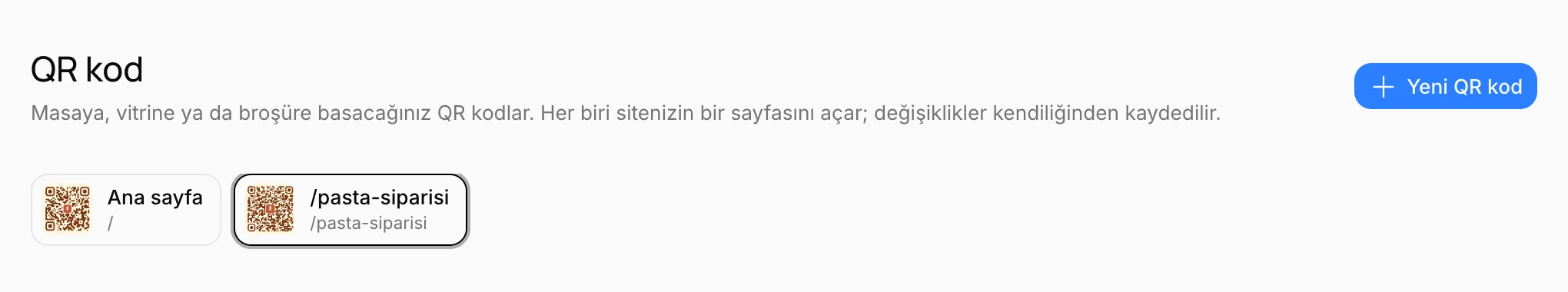 İki QR kod: Ana sayfa ve /pasta-siparisi