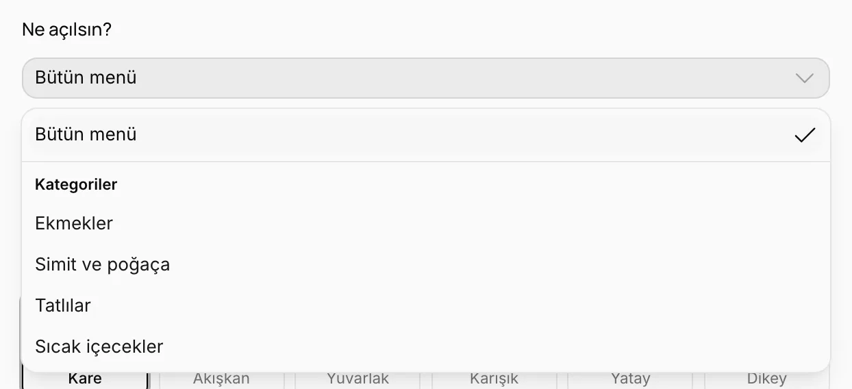 Menüde Ne açılsın listesi: Bütün menü ve kategoriler