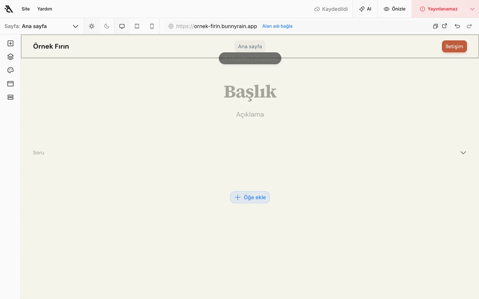 Sayfaya yeni eklenmiş Sık Sorulan Sorular bloğu: boş başlık ve soru alanları