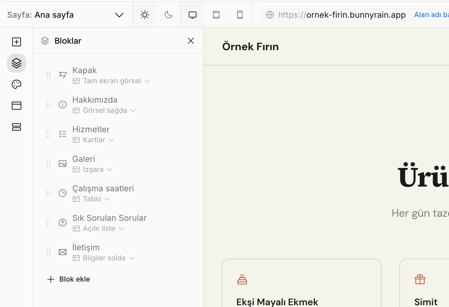 Bloklar paneli: sayfadaki bloklar ve düzenleri