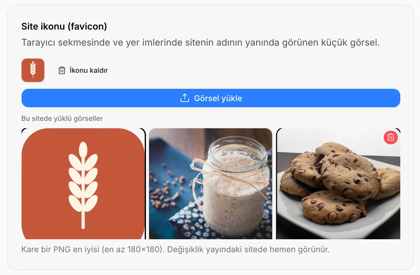 Site ikonu kartı: seçili ikon, İkonu kaldır ve yüklü görseller