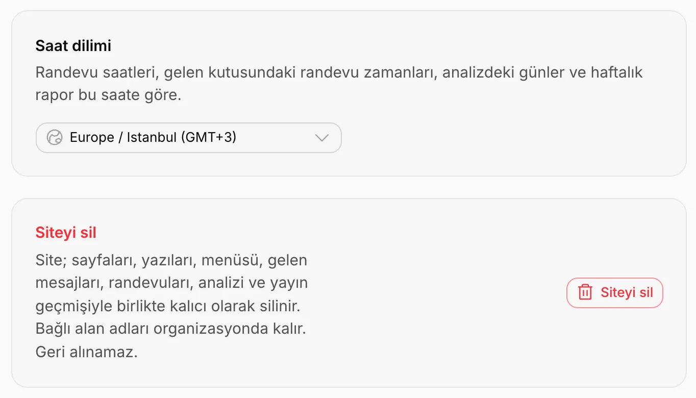 Saat dilimi kartı ve Siteyi sil bölümü