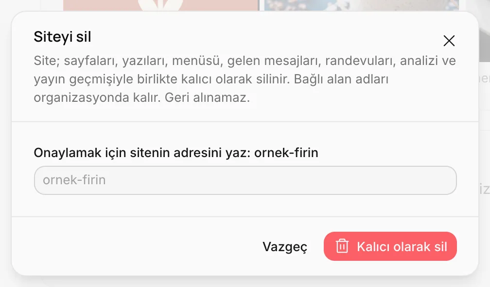 Siteyi sil onay penceresi
