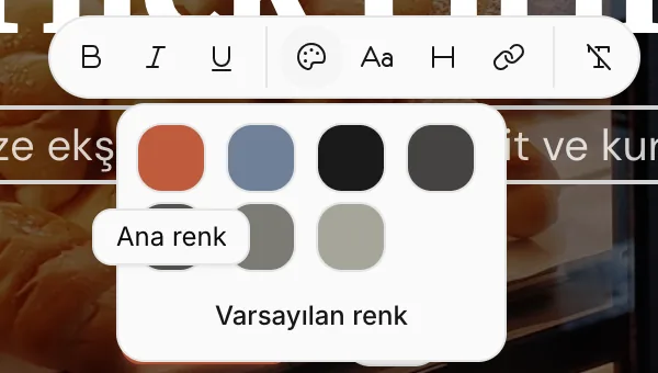 Renk menüsü: temanın renkleri ve Varsayılan renk