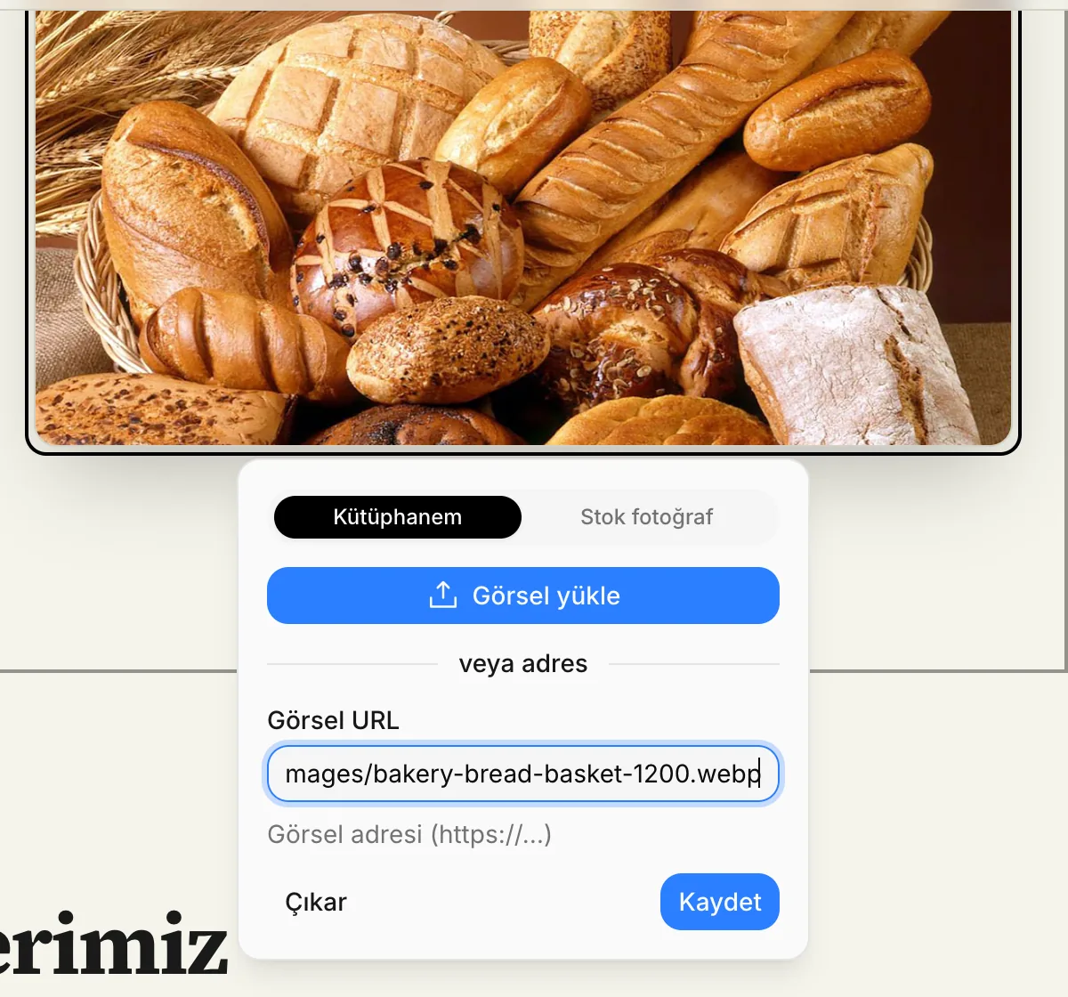 Görsel penceresi: Kütüphanem ve Stok fotoğraf sekmeleri, Görsel yükle düğmesi, Görsel URL alanı
