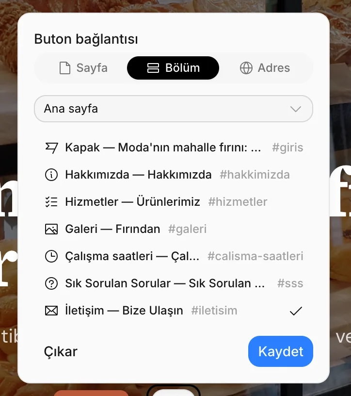 Buton bağlantısı penceresi: Bölüm sekmesinde ana sayfanın blokları listeleniyor