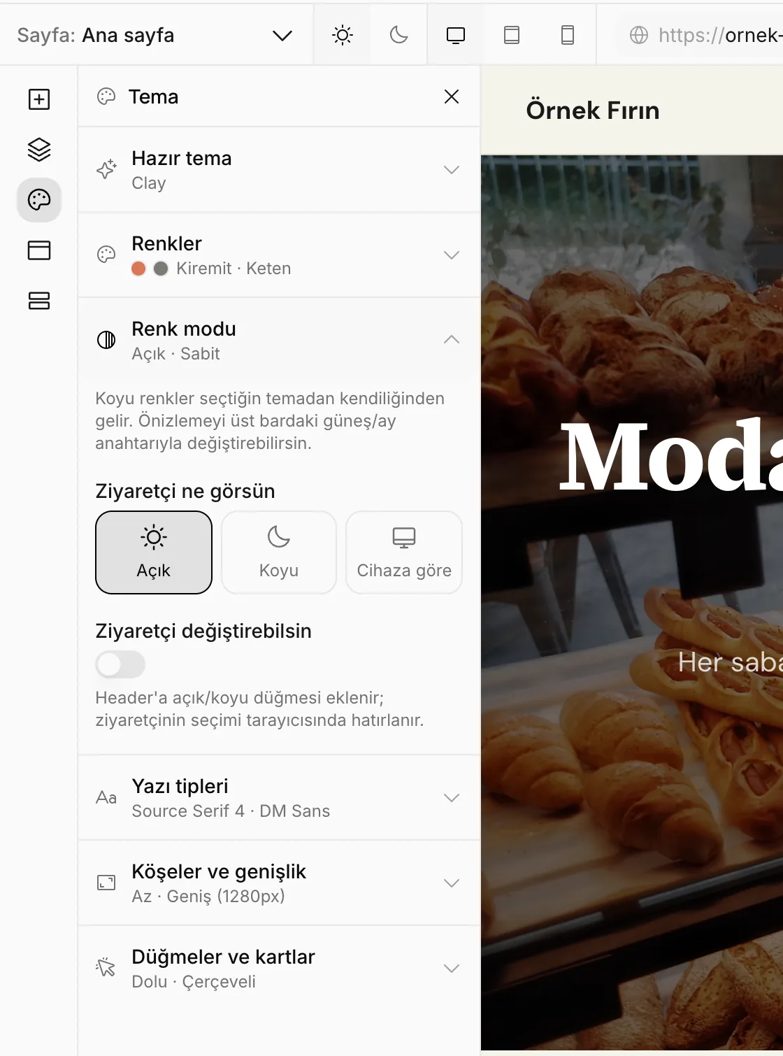 Renk modu: Ziyaretçi ne görsün ve Ziyaretçi değiştirebilsin